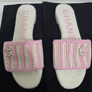 Chanel Terry Crochet Beach Sandals, White & Pink (Size 37), New